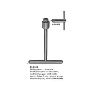 Drilling chuck, cannulated, for shanks up to 4.5 mm diam., And for triangular shaft width across flats 4.7 mm (schanz screws, steinmann pins).